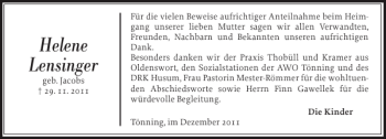 Traueranzeige von Helene Lensinger von Husumer Nachrichten