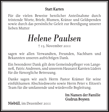 Traueranzeige von Helene Paulsen von Husumer Nachrichten