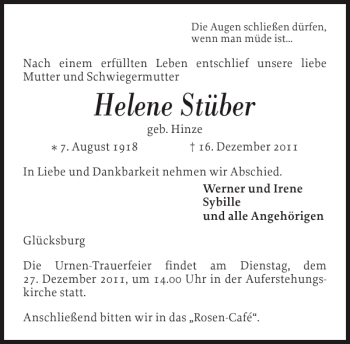 Traueranzeige von Helene Stüber von Flensburger Tageblatt