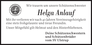 Traueranzeige von Helga Anlauf von Flensburger Tageblatt