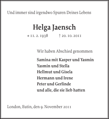 Traueranzeige von Helga Jaensch von Ostholsteiner Anzeiger