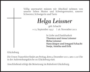 Traueranzeige von Helga Leissner von Flensburger Tageblatt