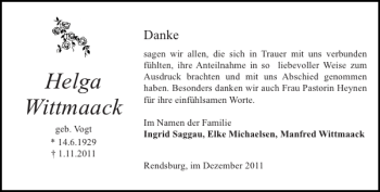 Traueranzeige von Helga Wittmaack von Landeszeitung