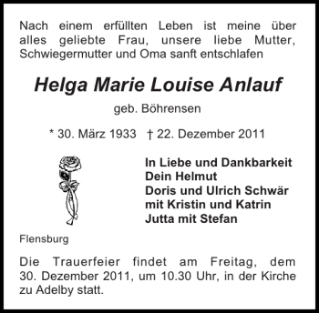 Traueranzeige von Helga Marie Louise Anlauf von Flensburger Tageblatt