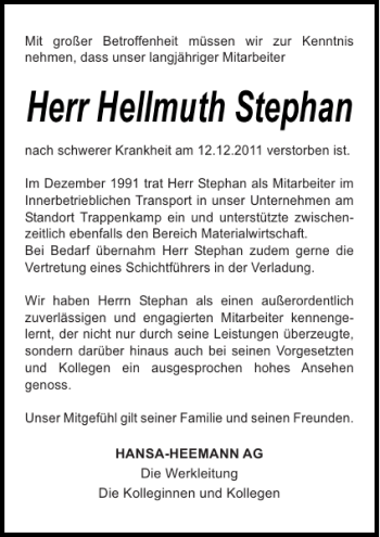 Traueranzeige von Hellmuth Stephan von Holsteinischer Courier