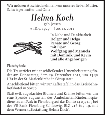Traueranzeige von Helma Koch von Flensburger Tageblatt