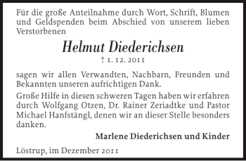 Traueranzeige von Helmut Diederichsen von Flensburger Tageblatt