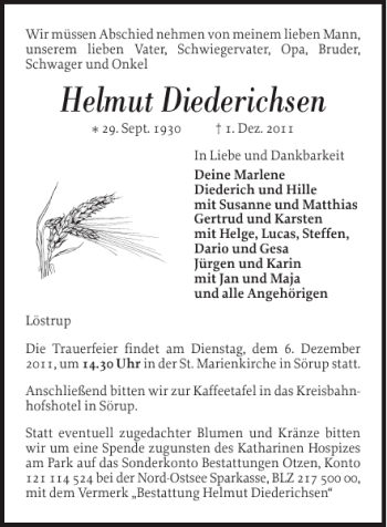 Traueranzeige von Helmut Diederichsen von Flensburger Tageblatt