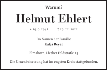 Traueranzeige von Helmut Ehlert von Elmshorner Nachrichten