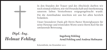 Traueranzeige von Helmut Fehling von Eckernförder Zeitung