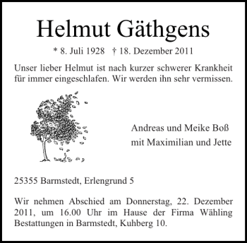 Traueranzeige von Helmut Gäthgens von Barmstedter Zeitung