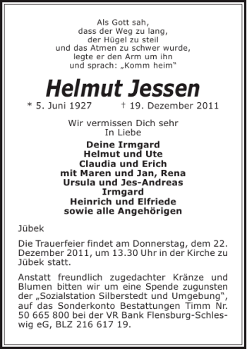 Traueranzeige von Helmut Jessen von Schleswiger Nachrichten