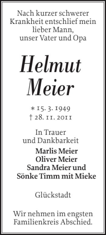 Traueranzeige von Helmut Meier von Norddeutsche Rundschau