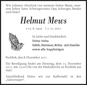 Traueranzeige von Helmut Mews von Landeszeitung