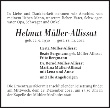Traueranzeige von Helmut Müller-Allissat von Flensburger Tageblatt
