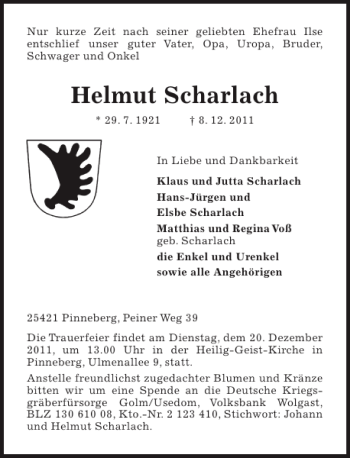 Traueranzeige von Helmut Scharlach von Pinneberger Tageblatt