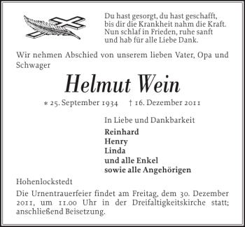 Traueranzeige von Helmut Wein von Norddeutsche Rundschau