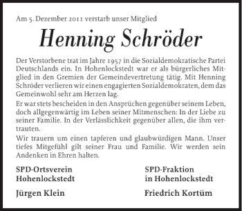 Traueranzeige von Henning Schröder von Norddeutsche Rundschau
