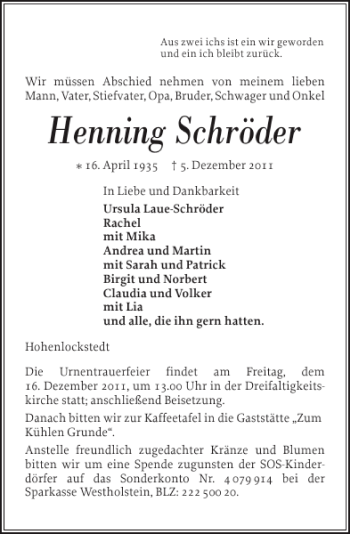 Traueranzeige von Henning Schröder von Norddeutsche Rundschau