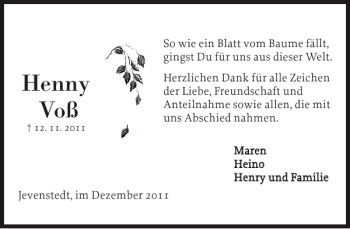 Traueranzeige von Henny Voß von Landeszeitung