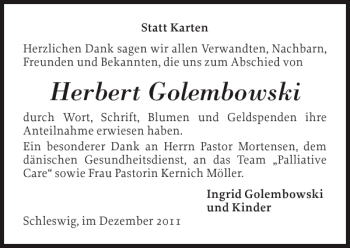 Traueranzeige von Herbert Golembowski von Schleswiger Nachrichten