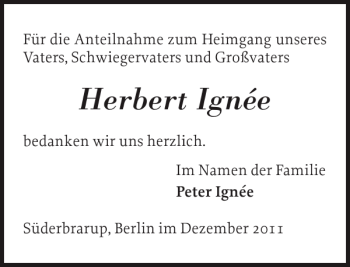Traueranzeige von Herbert Ignée von Schleswiger Nachrichten