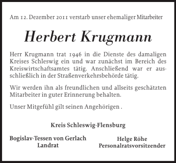 Traueranzeige von Herbert Krugmann von Schleswiger Nachrichten