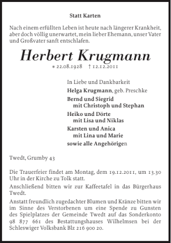 Traueranzeige von Herbert Krugmann von Schleswiger Nachrichten