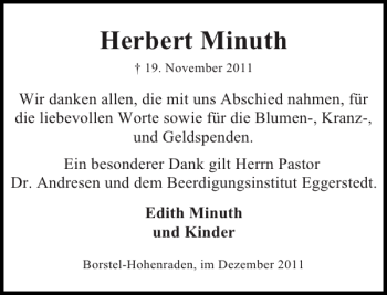 Traueranzeige von Herbert Minuth von Pinneberger Tageblatt