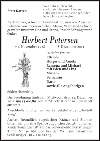 Traueranzeige von Herbert Petersen von Flensburger Tageblatt