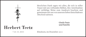 Traueranzeige von Herbert Teetz von Elmshorner Nachrichten