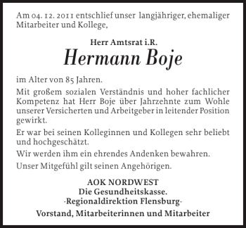 Traueranzeige von Hermann Boje von Flensburger Tageblatt