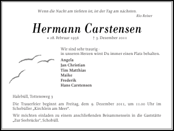 Traueranzeige von Hermann Carstensen von Husumer Nachrichten