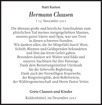 Traueranzeige von Hermann Clausen von Husumer Nachrichten