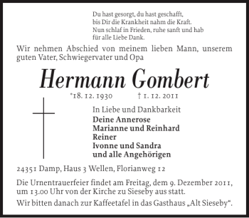 Traueranzeige von Hermann Gombert von Eckernförder Zeitung
