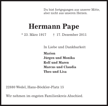 Traueranzeige von Hermann Pape von Wedel-Schulauer Tageblatt