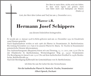 Traueranzeige von Hermann Josef Schippers von Holsteinischer Courier