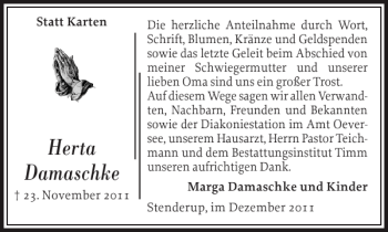 Traueranzeige von Herta Damaschke von Flensburger Tageblatt