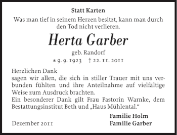 Traueranzeige von Herta Garber von Norddeutsche Rundschau