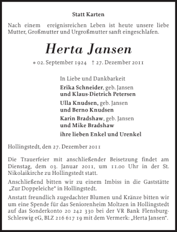 Traueranzeige von Herta Jansen von Schleswiger Nachrichten