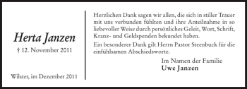Traueranzeige von Herta Janzen von Norddeutsche Rundschau