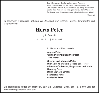 Traueranzeige von Herta Peter von Holsteinischer Courier
