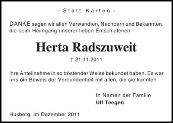 Traueranzeige von Herta Radszuweit von Holsteinischer Courier