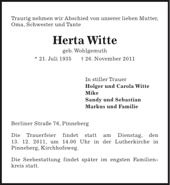 Traueranzeige von Herta Witte von Pinneberger Tageblatt