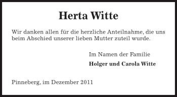 Traueranzeige von Herta Witte von Pinneberger Tageblatt