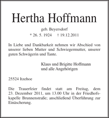 Traueranzeige von Hertha Hoffmann von Norddeutsche Rundschau