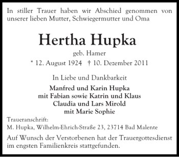 Traueranzeige von Hertha Hupka von Ostholsteiner Anzeiger