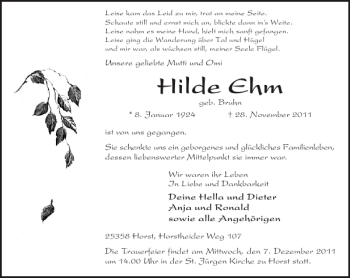 Traueranzeige von Hilde Ehm von Elmshorner Nachrichten