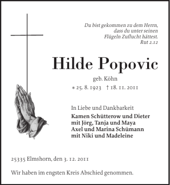 Traueranzeige von Hilde Popovic von Elmshorner Nachrichten