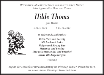 Traueranzeige von Hilde Thoms von Husumer Nachrichten